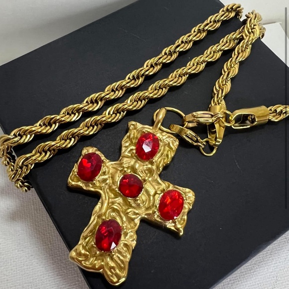 Handmade Jewelry - 18k Gold Red CZ Cross Pendant Rope Chain